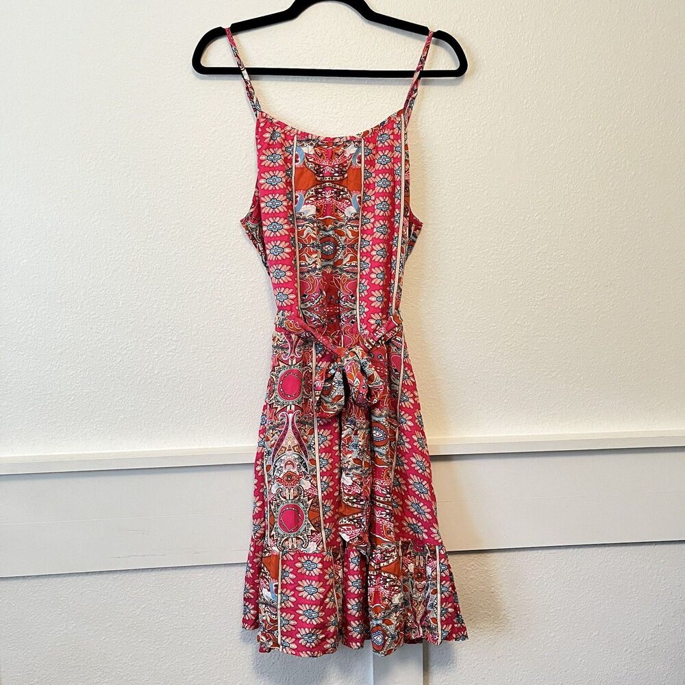 Women’s Pink Boho Print Belted Sleeveless Lined Dress Adjustable Straps Large